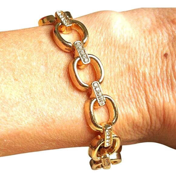 Gold Tone Rounded and Clear Rhinestones Bars Links Bracelet - Picture 2 of 5